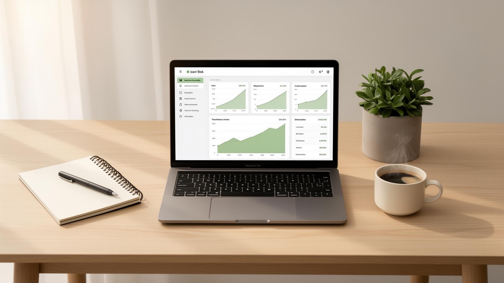 Modern cloud accounting dashboard on a laptop in a sunlit workspace